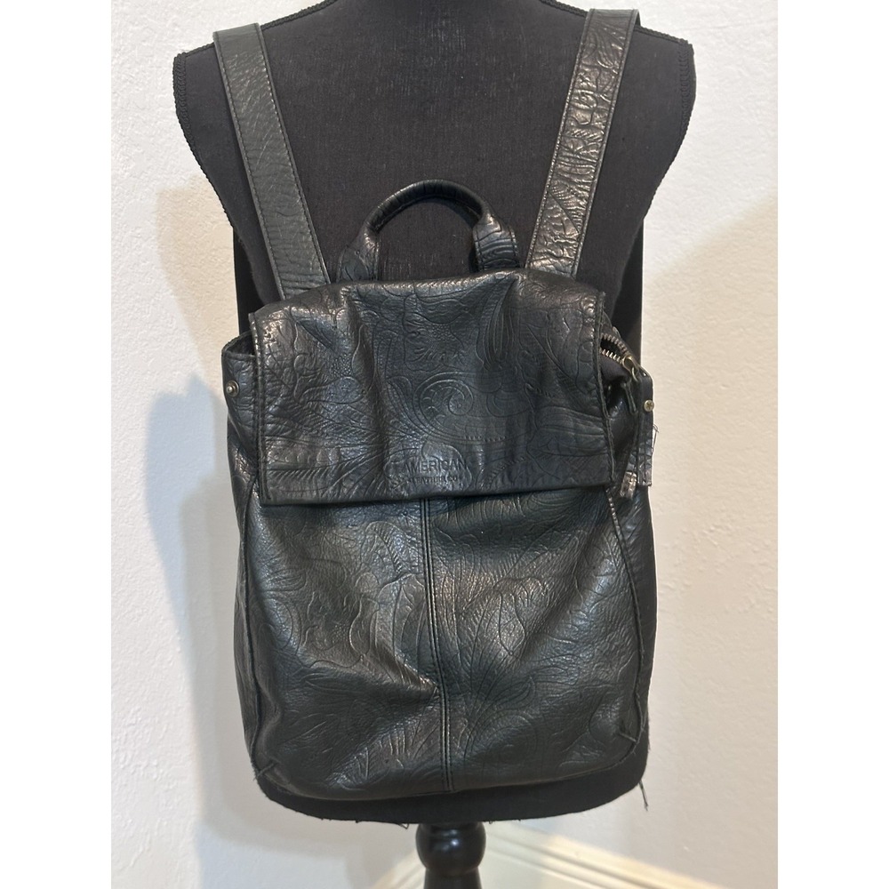 American Leather Co Black Pebbled Genuine Leather Backpack Purse Zip Pockets